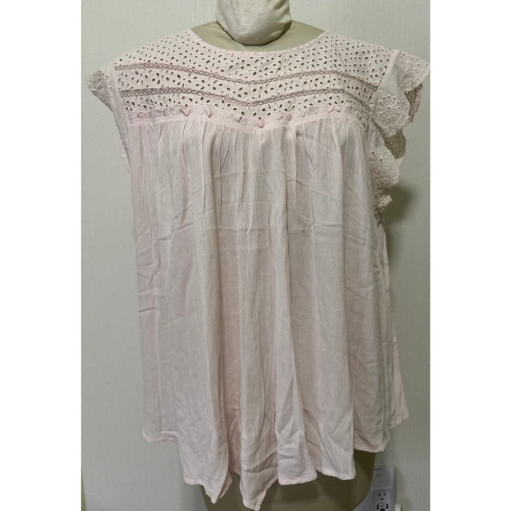 Democracy Women’s Eyelet Flutter Sleeve Light Pink Boho Tunic Blouse NWT $74 3X